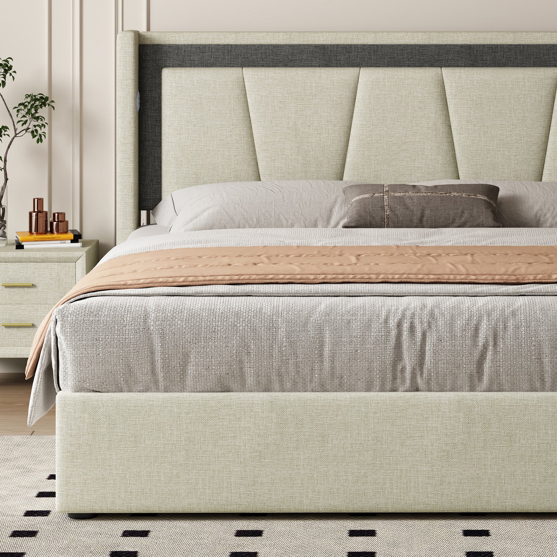Queen Size, Cotton And Linen Fabric, Pneumatic Bed, With Storage Space Under The Bed, Stable Bed Structure,Light Gray Queen Light Gray Mdf Acacia