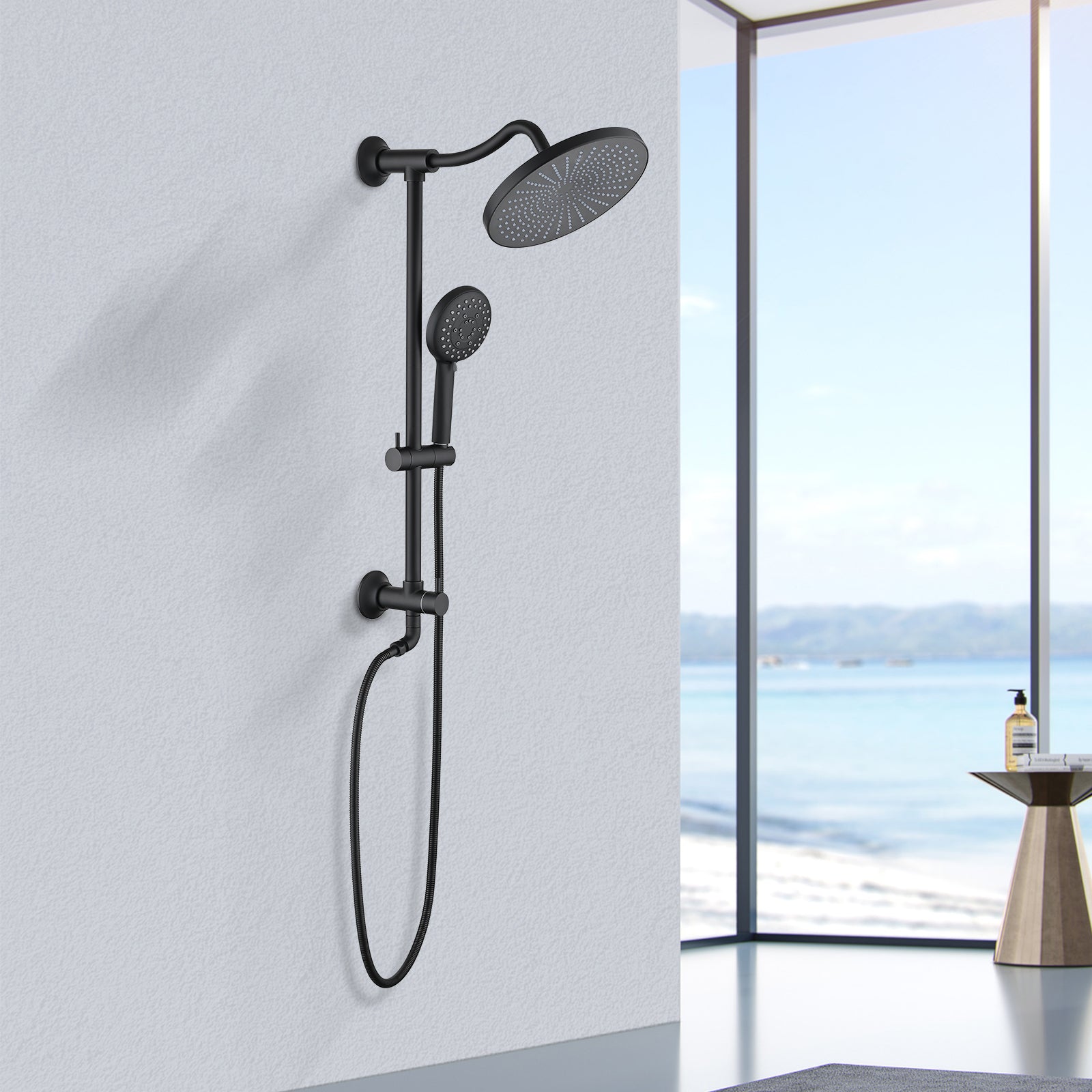 Matte Black 5 Spray Mode 10" Overhead And Handheld Shower System With Slide Bar Matte Black Stainless Steel