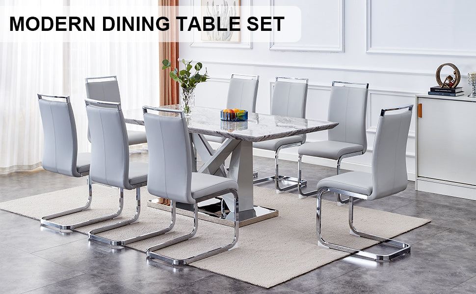 1 Table And 8 Chairs Set.Modern Grey Mdf Faux Marble Dining Table With Double V Shaped Supports.Paired With 8 Modern Pu Artificial Leather Soft Cushion With Silver Metal Legs.F Vv,C 1162 Gray Silver Seats 8 Mdf Metal