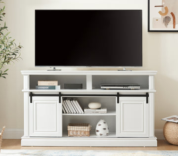 Media Console Table With Storage Cabinet, Mid Century Style Entertainment Tv Table, Multipurpose Sliding Door Tv Cabinet Large Storage Space, 58.11"W*15.79"D*32.36"H Antique White Antique White 60 69 Inches 60 69 Inches 60 Inches Mdf