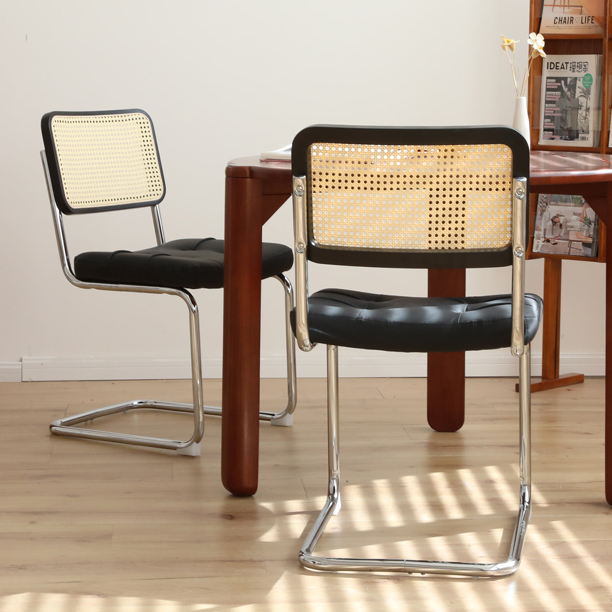 Dining Chairs Set Of 2, Fauex Leather Rattan Side Accent Chairs With Chrome Legs, Modern Mid Century Breuer Designed Chairs, Upholstered Dining Living Room Kitchen Chairs Black 2Pcs Black Faux