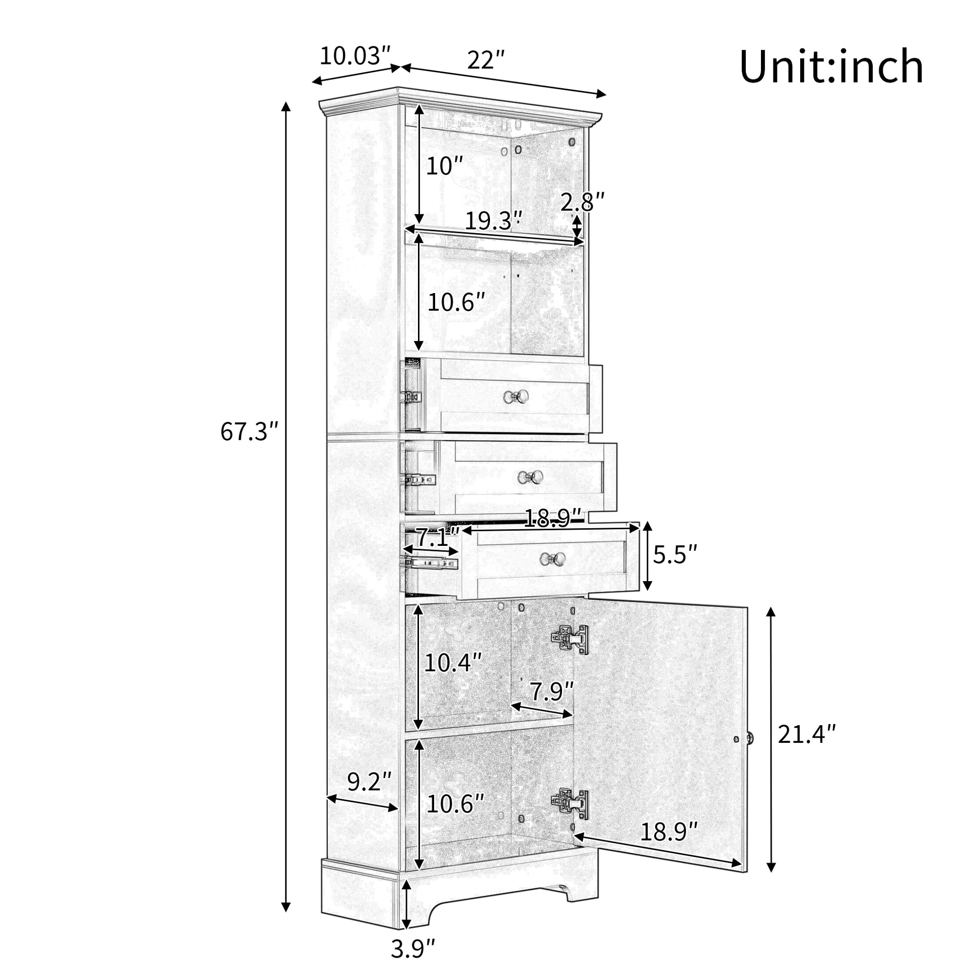 Gray Tall Storage Cabinet With 3 Drawers And Adjustable Shelves For Bathroom, Study, Office And Interior, Mdf Board With Painted Finish Gray Mdf