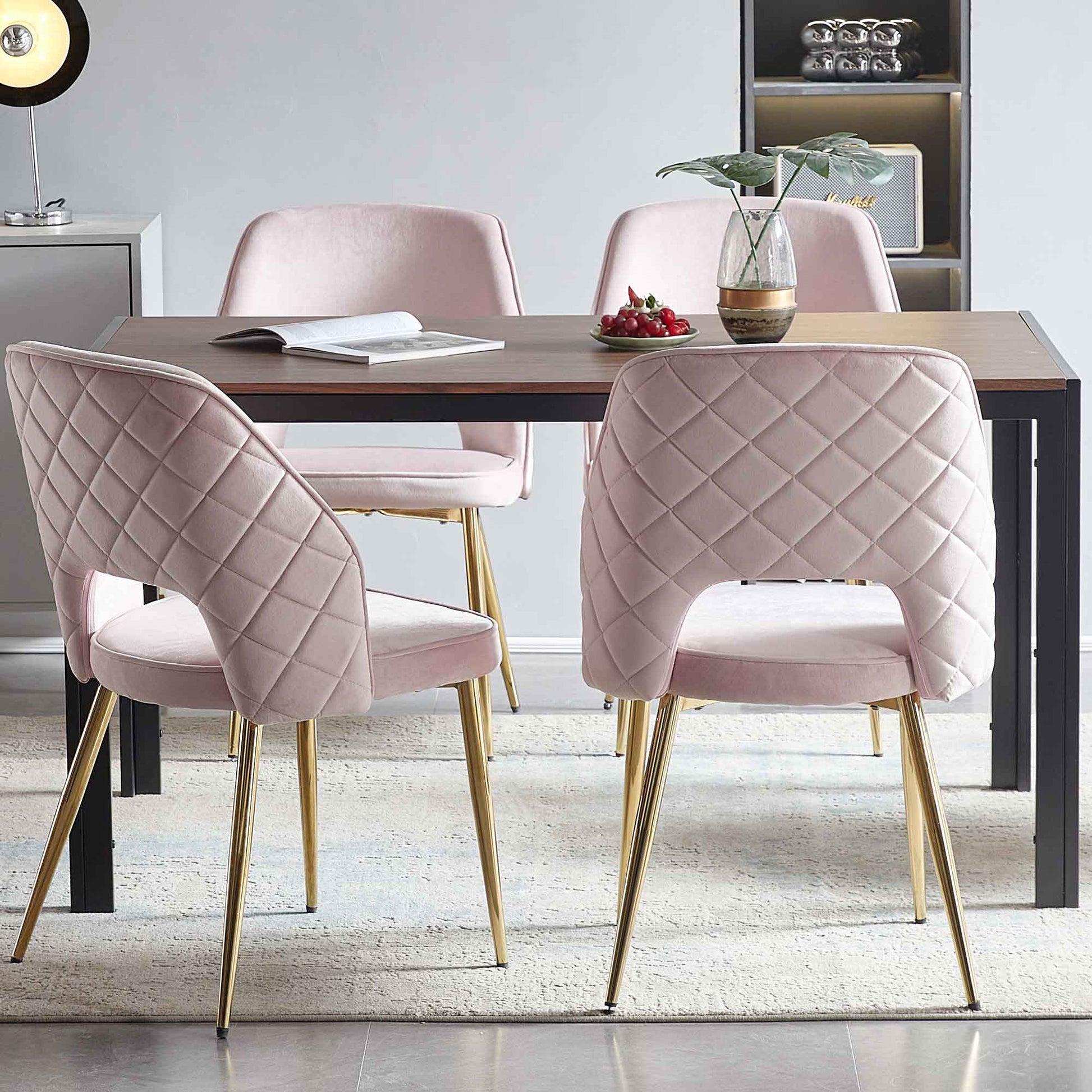 Pink Velvet Dining Chairs With Metal Legs And Hollow Back Upholstered Dining Chairs Set Of 4 Metal Pink Dining Room Foam Dry Clean Modern Dining Chairs Velvet