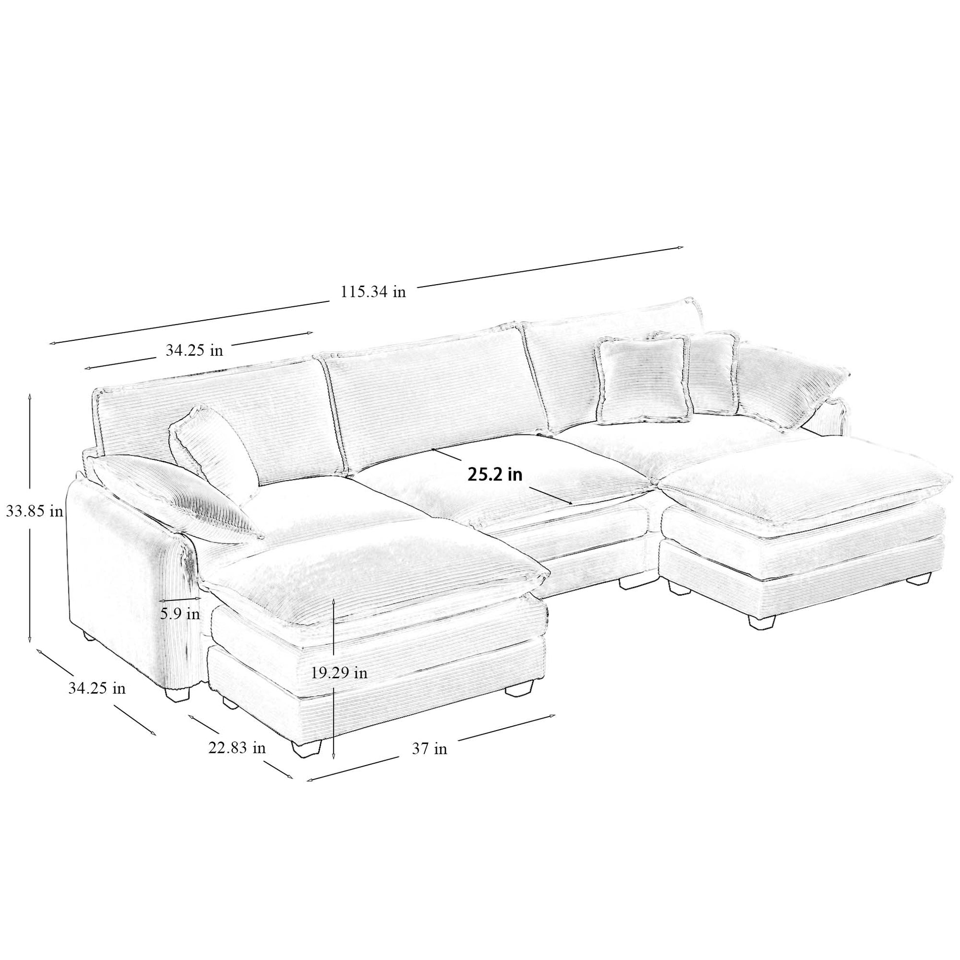 Oversized Modular Cushioned Sofa With Conversible Ottoman, 3 Seater Sofa With 2 Footstools, U Shape Sofa Ingreen Corduroy Fabric Green Corduroy 3 Seat