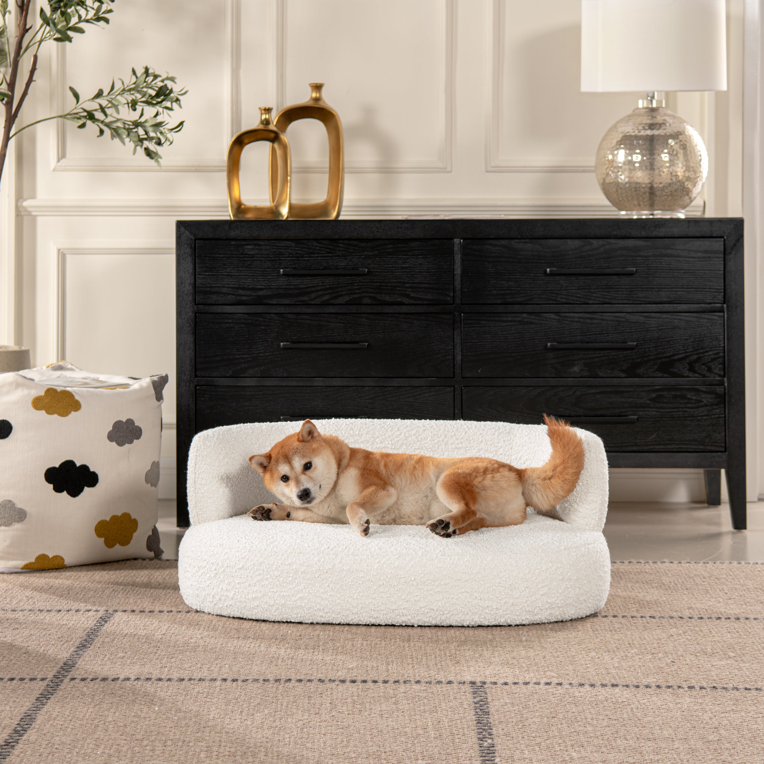 Shep 36 Curved Dog Sofa Bed Medium Ivory White Boucle White Foam Boucle