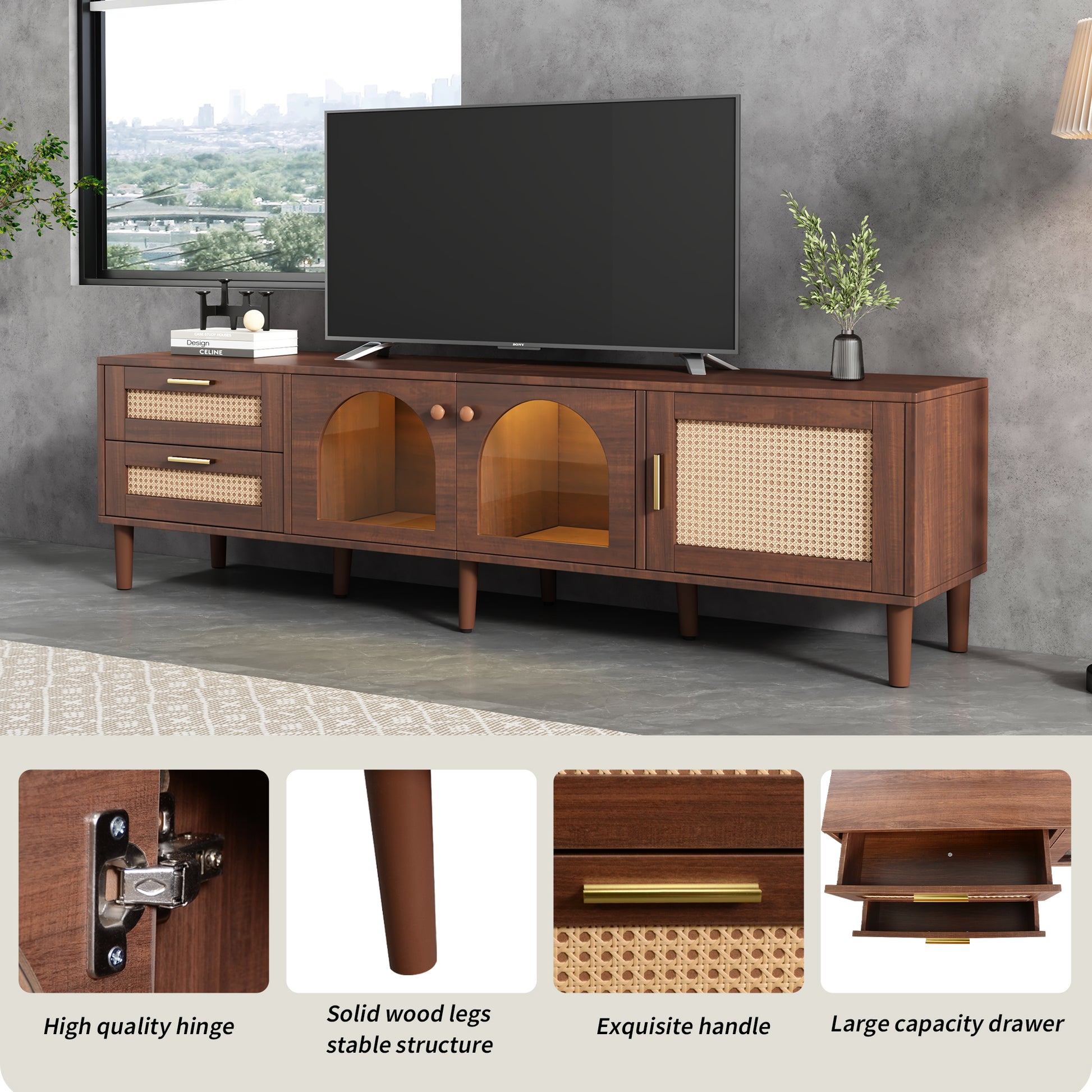 Rattan Tv Stand With 3 Cabinets & 2 Drawers, Rattan Inspired Media Console Table For Tvs Up To 80'', Led Light Entertainment Center, Tv Cabinet For Living Room, Bedroom, Home Theatre Dark Brown