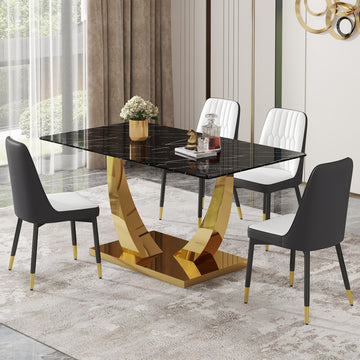 Table And Chair Set.Modern Rectangular Dining Table With Black Textured Stickers Glass Tabletop And Gold Plated Metal Legs.Paried With 4 Comfortable Chairs With Pu Seats And Black Metal Legs. Black Gold,White,White Gray Seats 4 Glass Metal