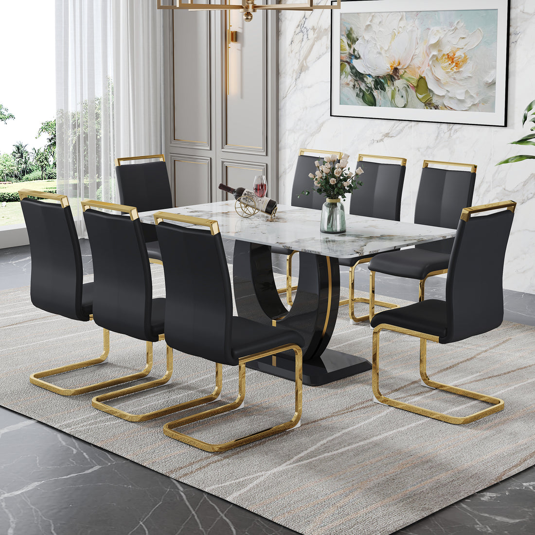 Table And Chair Set, Modern Dining Table, Patterned Table Top And Black Mdf Table Leg, Soft And Comfortable Dining Chair, Perfect For Dinner, Meetings, Home And Office Decor Black Mdf Glass