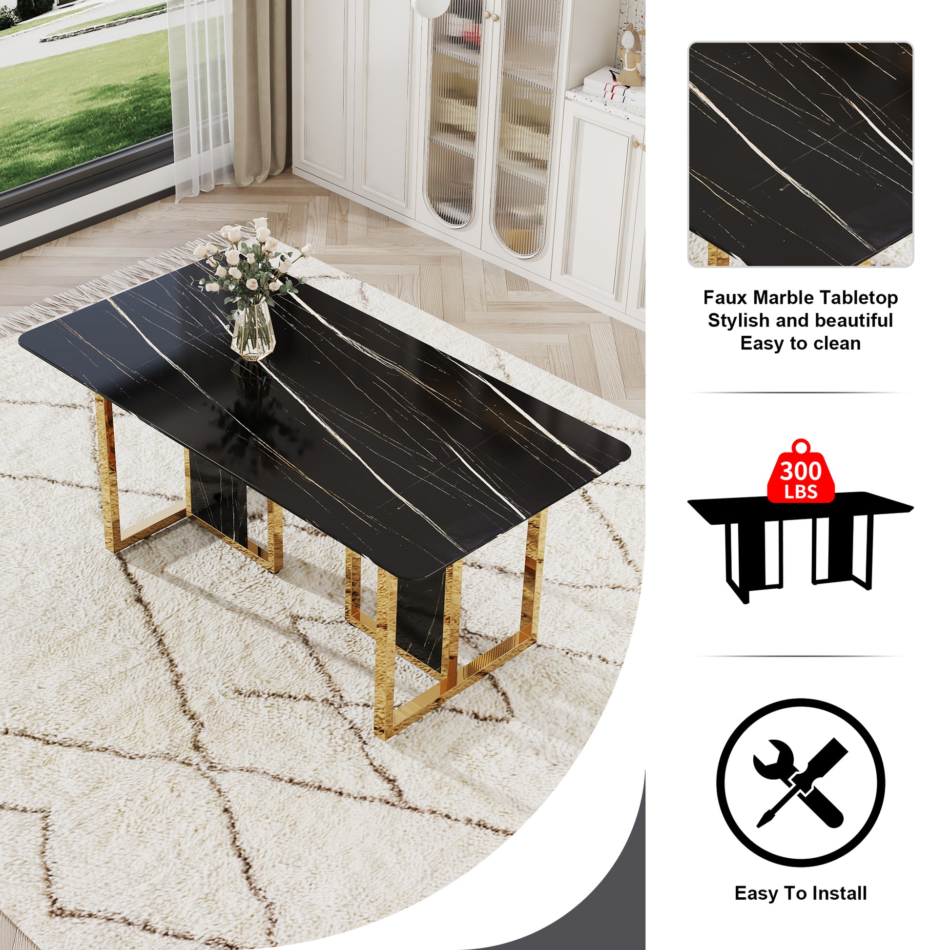 Table And Chair Set. Modern Dining Table With Mdf Top And Beautiful Mdf Legs. Equipped With Comfortable Pu Chairs And Metal Legs. Suitable For A Wide Range Of Decorative Styles. Black,Gray Seats 6 Mdf