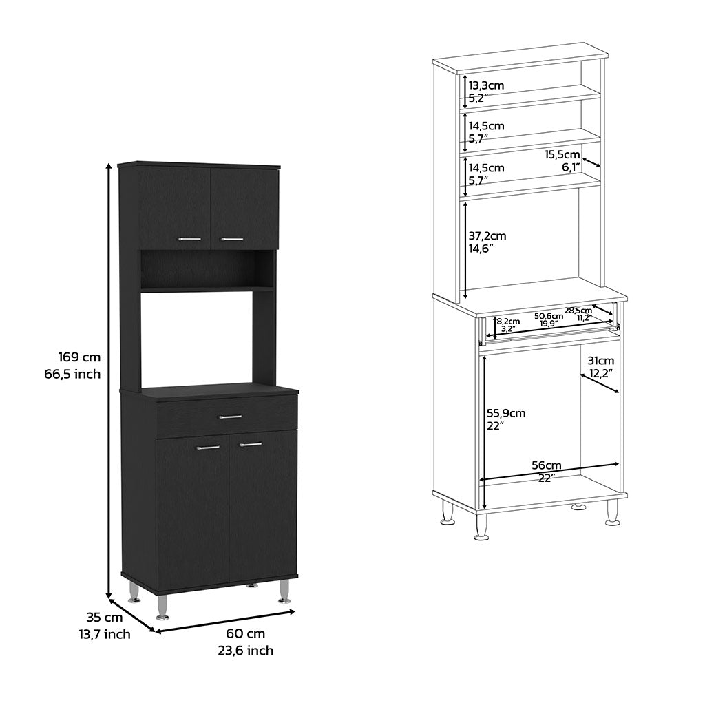 Pantry Cabinet 67" H, Four Doors, One Drawer, Three Internal Shelves, 2 External Storage Shelves, Microwave Storage Option, Four Legs, Black Black Particle Board Particle Board