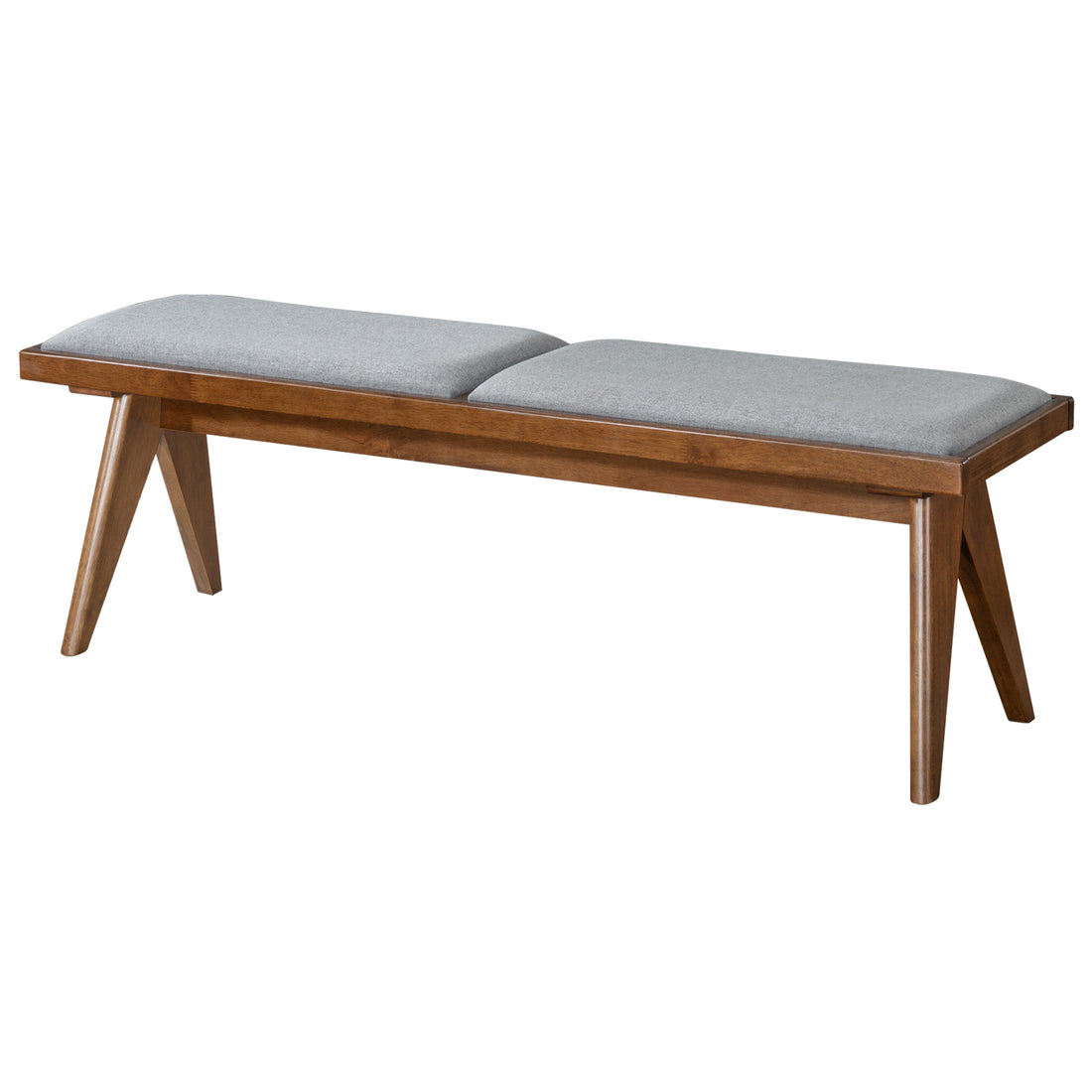 Keira Bench Grey Fabric Brown,Light Gray Brown Grey Mid Century Modern Rubberwood Foam Fabric,Solid Wood