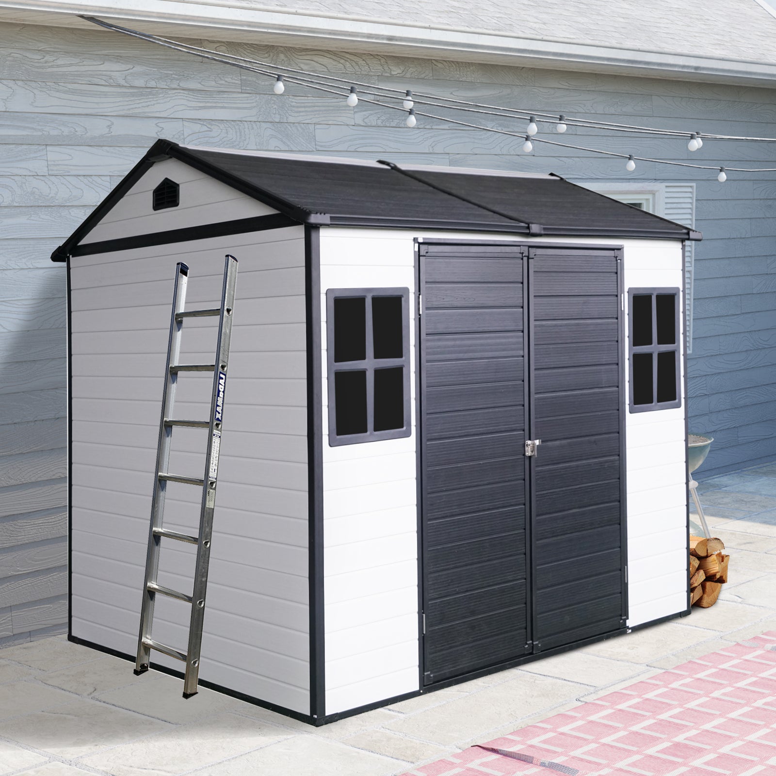 8 X 6 Ft Resin Outdoor Storage Shed Waterproof Shed With Floor & Two Windows & Lockable Door, Tool Shed For Garden, Patio, Backyard,Grey White Grey White Polypropylene