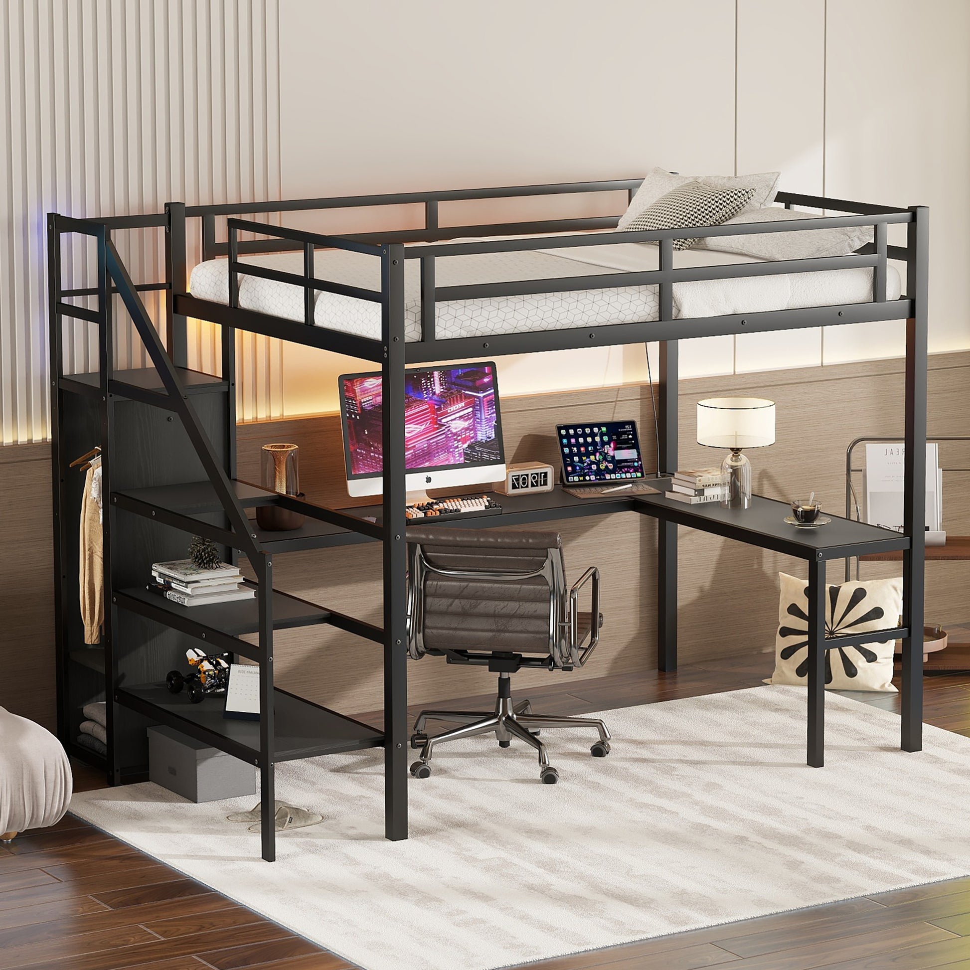 Full Size Loft Bed With L Shaped Desk And Usb, Metal Loft Bed With War