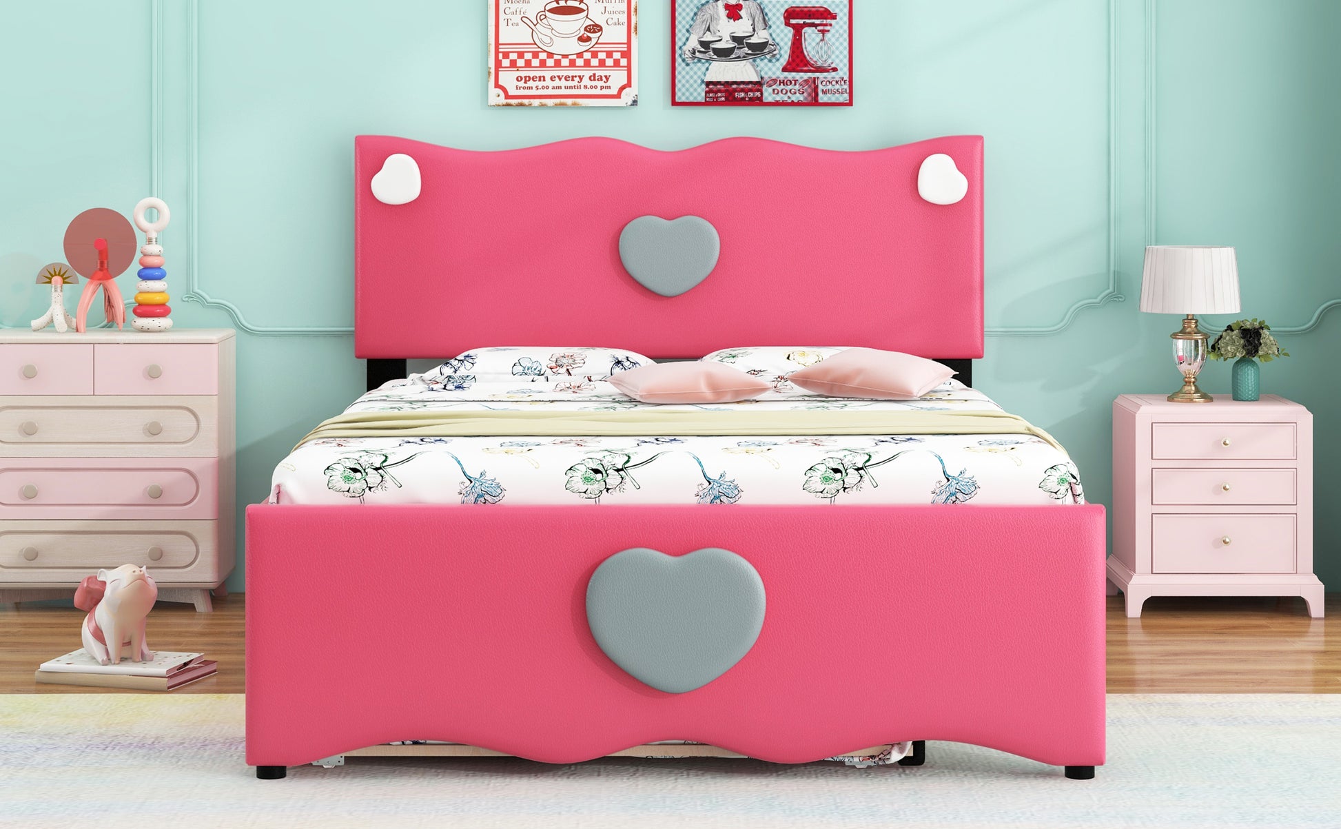 Full Size Upholstered Platform Bed With Trundle And Heart Shaped Decoration, Dark Pink Box Spring Not Required Full Dark Pink Wood Bedroom Bed Frame Faux Leather Upholstered