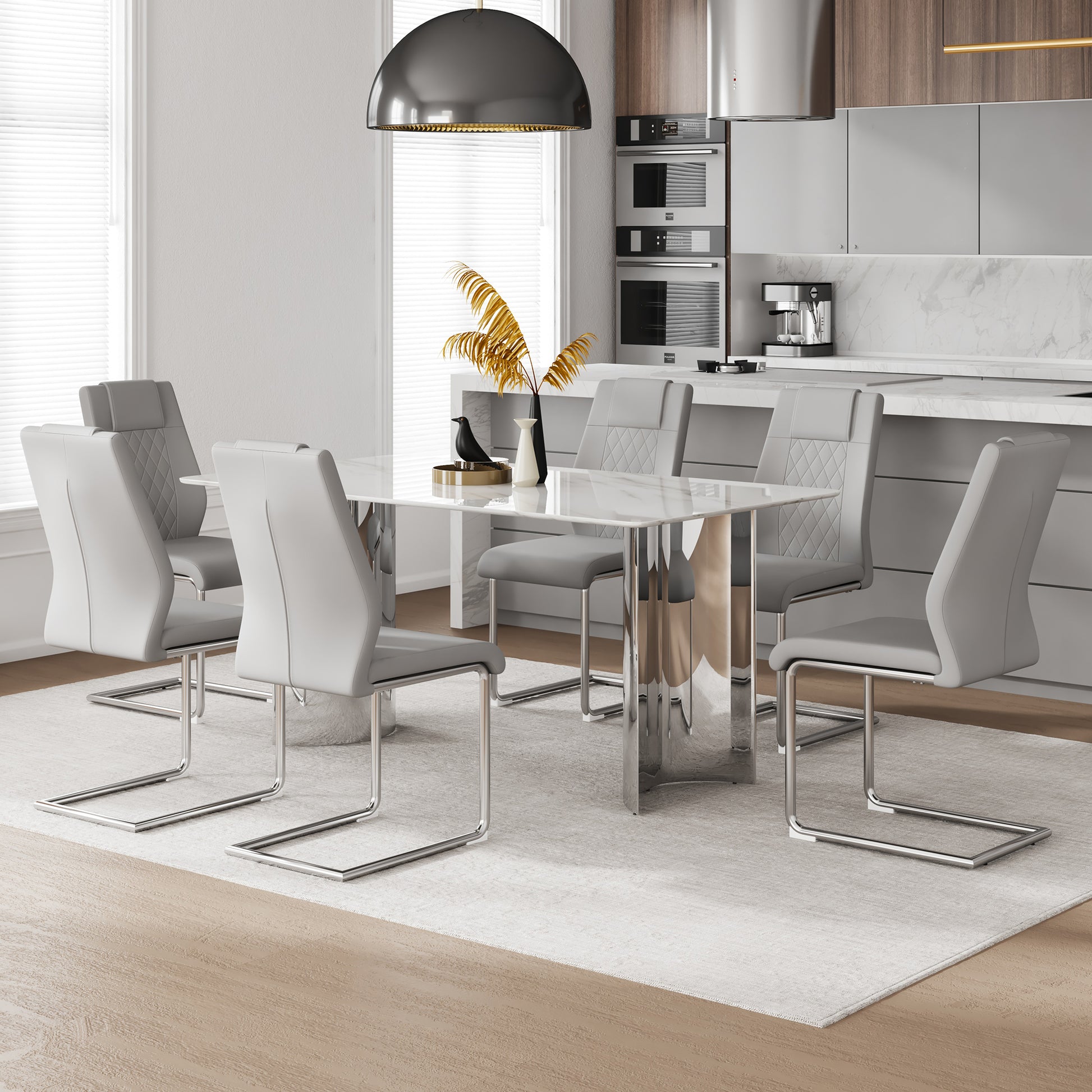 Table And Chair Set, Modern And Minimalist Dining Table. Imitation Marble Glass Sticker Desktop, Stainless Steel Legs, Stable And Beautiful. Comfortable Pu Seats. Dt 69 Silver Glass