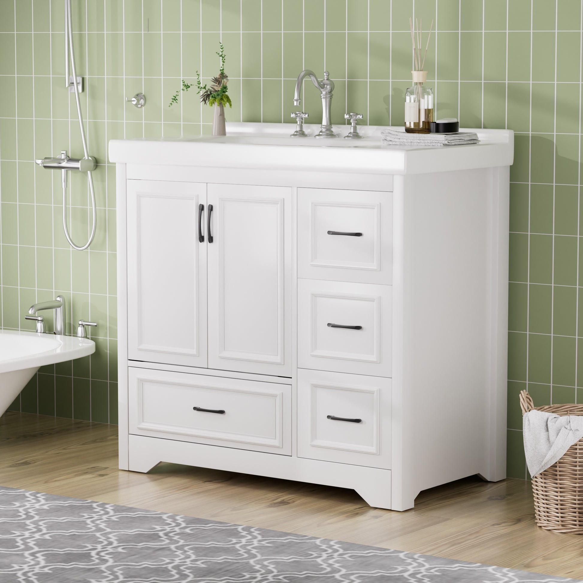 36'' Bathroom Vanities With Single Sink, Modern Under Mount Bathroom Sink Cabinet With 2 Closing Doors & 4 Drawers. White, 35.8''W X 19.7''D X 35.4''H. White Particle Board Mdf