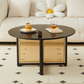 Mid Century Wooden Coffee Table With Pe Cane Stand, 31.5 Inch Round Solid Wood Bohemian Style Coffee Table, Unique Central Cocktail Table For Living Rooms, Apartments And Offices Black Rubber Wood