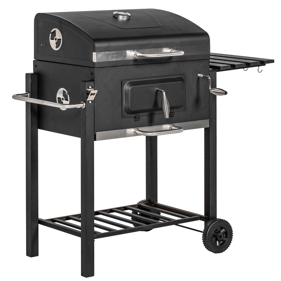 Outsunny Charcoal Bbq Grill, Outdoor Portable Cooker For Camping Or Backyard Picnic With Side Table, Bottom Storage Shelf, Wheels And Handle, Black Black Steel