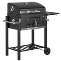 Outsunny Charcoal Bbq Grill, Outdoor Portable Cooker For Camping Or Backyard Picnic With Side Table, Bottom Storage Shelf, Wheels And Handle, Black Black Steel