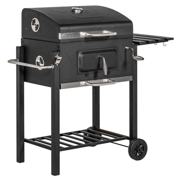 Outsunny Charcoal Bbq Grill, Outdoor Portable Cooker For Camping Or Backyard Picnic With Side Table, Bottom Storage Shelf, Wheels And Handle, Black Black Steel