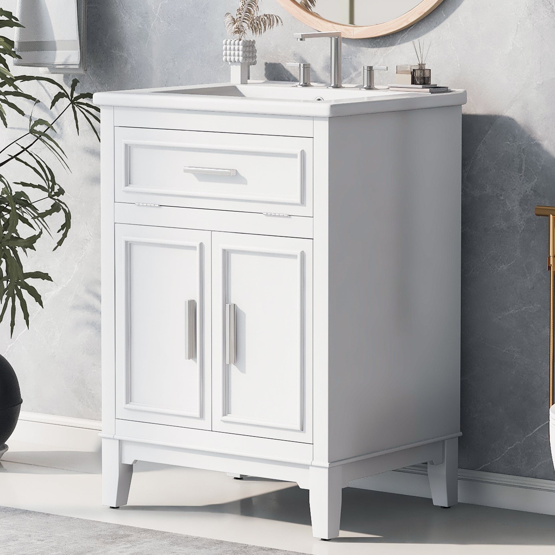 24" Bathroom Vanity With Sink, Bathroom Vanity Cabinet With One Flip Drawer And Doors, Solid Wood And Mdf, White White Solid Wood Mdf