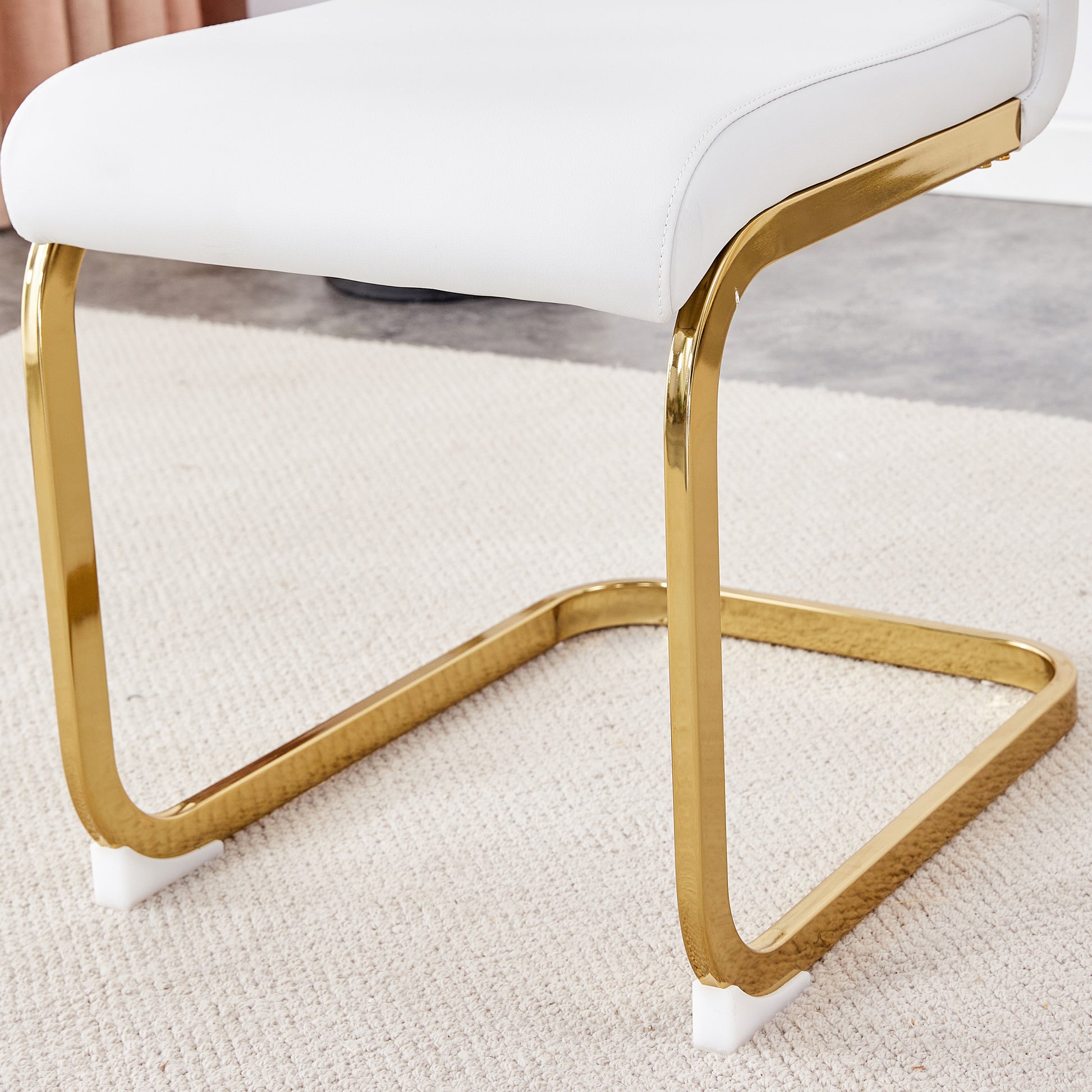 Table And Chair Set, Rock Plate Table Top, Gold Metal Table Legs, Stable And Beautiful, Suitable For Most Home Styles. Modern Simple Dining Table, Comfortable Seating. White Gold Seats 4 Sintered Stone