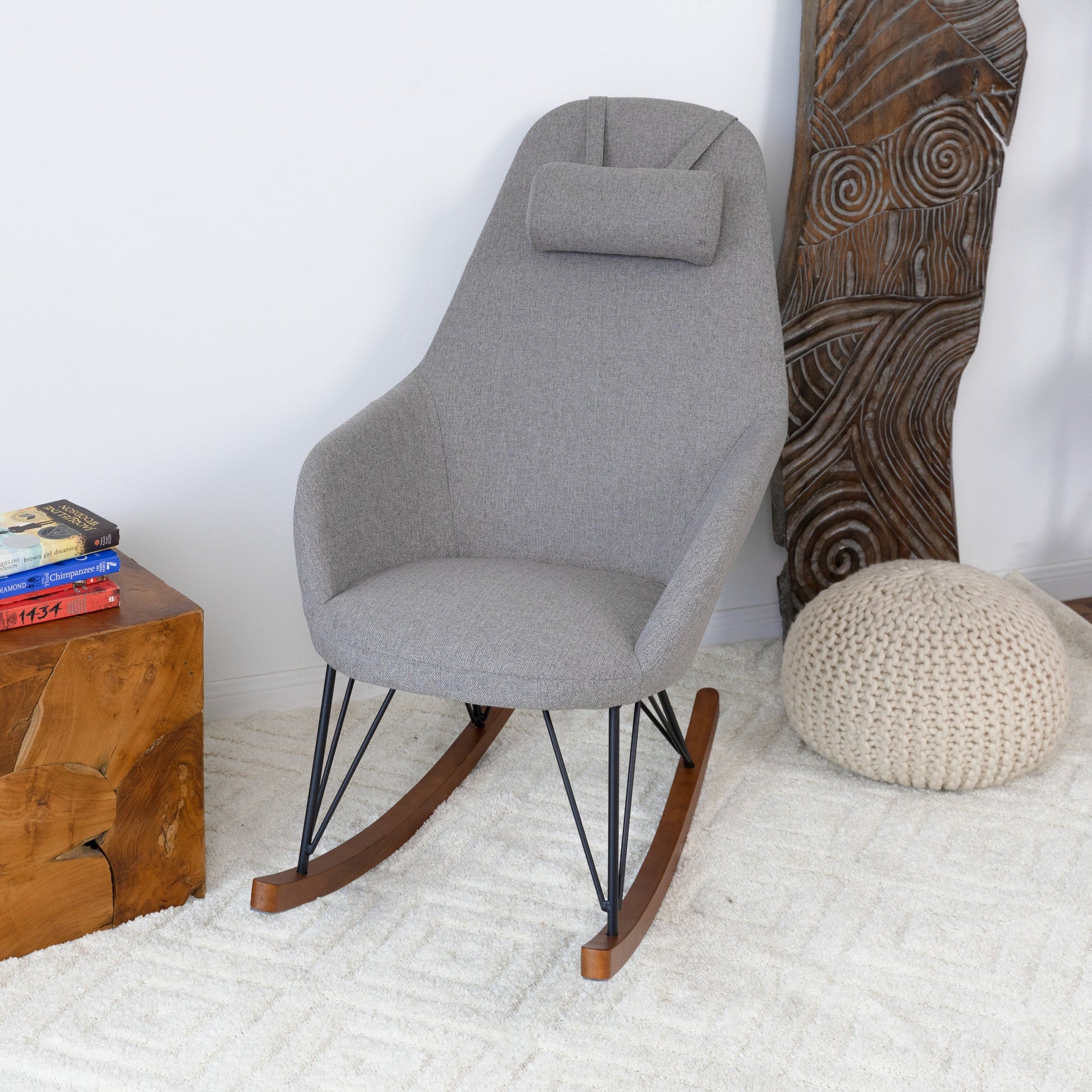 Chloe Mid Century Modern Rocker Livingroom And Bedroom Chair Brown,Gray,Light Gray Brown Primary Living Space Mid Century Modern Linen,Solid Wood