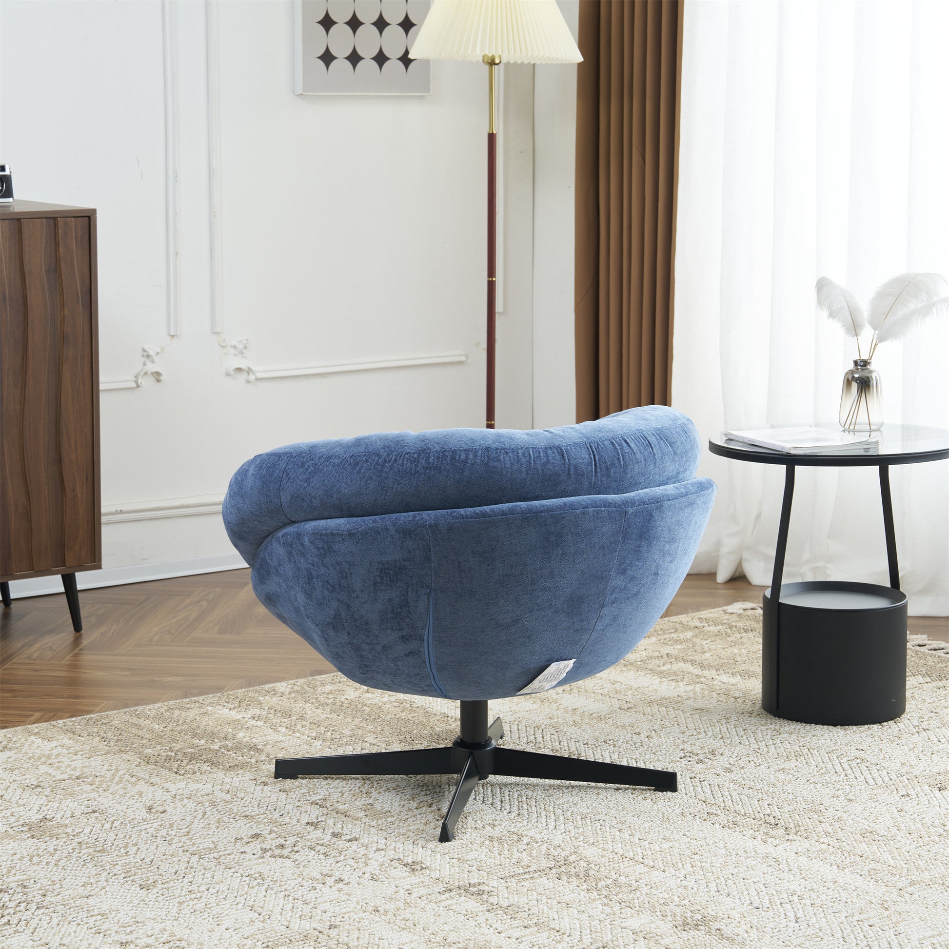 Chenille Upholstered 360 Swivel Club Chair Accent Chair With Removable Cushion, Round Office Chair With Black Metal Base, Cotton Material, Living Room, Bedroom, Reading Corner, Office Navy Blue