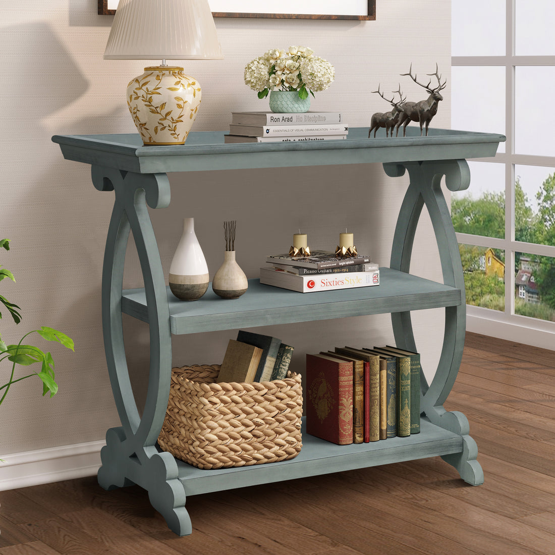 Newport Console Table For Living Room,Kitchen,Entyway Antique Light Green Antique Light Green Desk Top Primary Living Space American Design Floor Mount Console Tables Lacquered Solid Wood Mdf Mdf