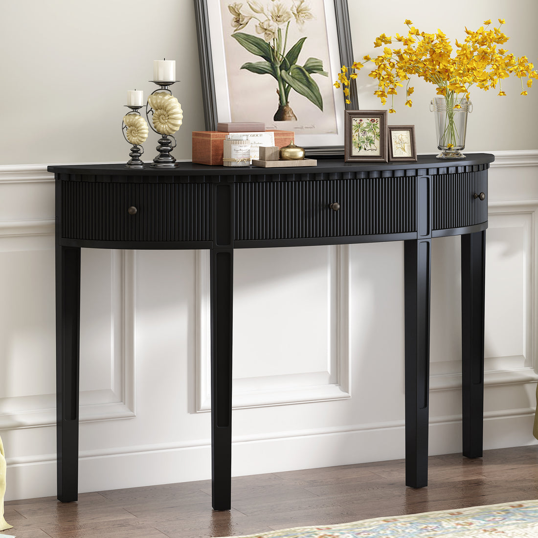 Distinctive Features Of Pine Veneer Console Table With Vertical Stripe Drawer Fronts And Four Legs Black Primary Living Space Minimalist Mdf