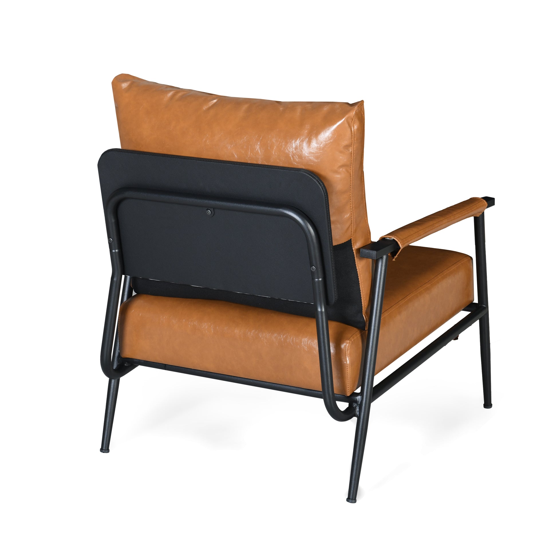 Mid Century Modern Accent Chair With Brown Faux Leather Upholstery, Padded High Backrest, Metal Frame And Faux Leather Wrapped Armrests, Perfect For Living Room, Bedroom, Or Office Brown Metal,Pu