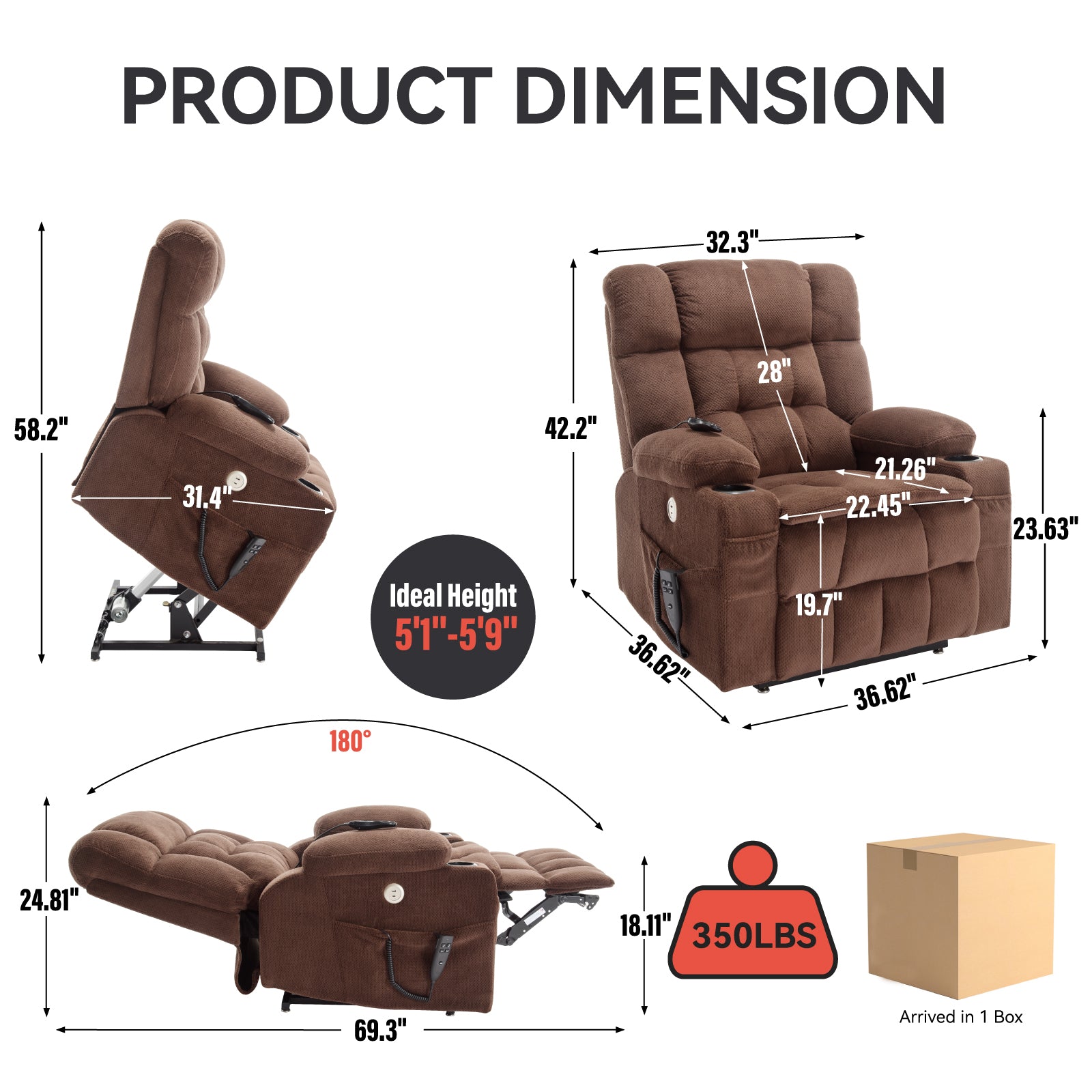 Brown Dual Motor Infinite Position Up To 350 Lbs Chenille Power Lift Recliner Chair, Heavy Duty Motion Mechanism With 8 Point Vibration Massage And Lumbar Heating, Dual Cup Holders White Metal