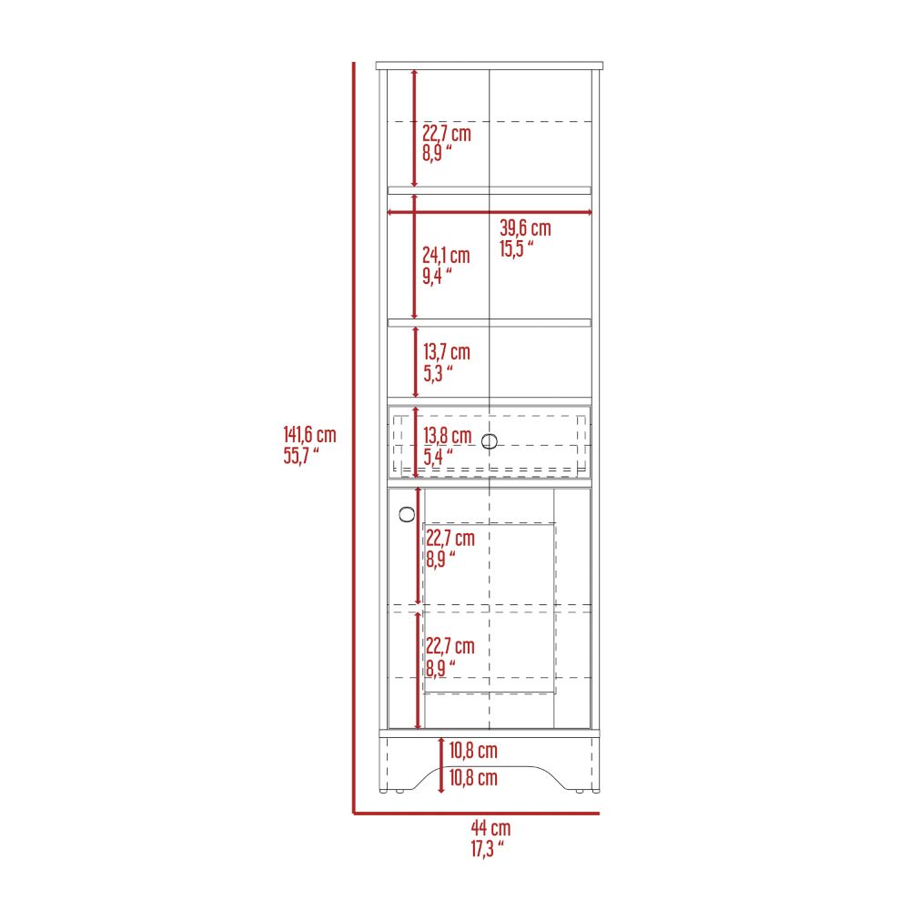 55H" Linen Single Door Cabinet, Three External Shelves, One Drawer, Two Interior Shelves, Light Oak White Multicolor Particle Board Particle Board