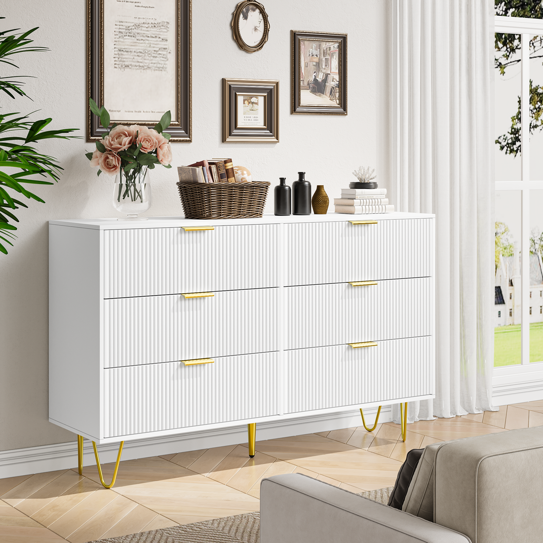 Modern White 6 Drawers For Bedroom,Big Size Wide Chest Of Drawers With Gold Handles, Wood Double Dresser Storage Cabinet For Living Room, Hallway White American Design,American Traditional,Antique,Casual,Classic Mdf