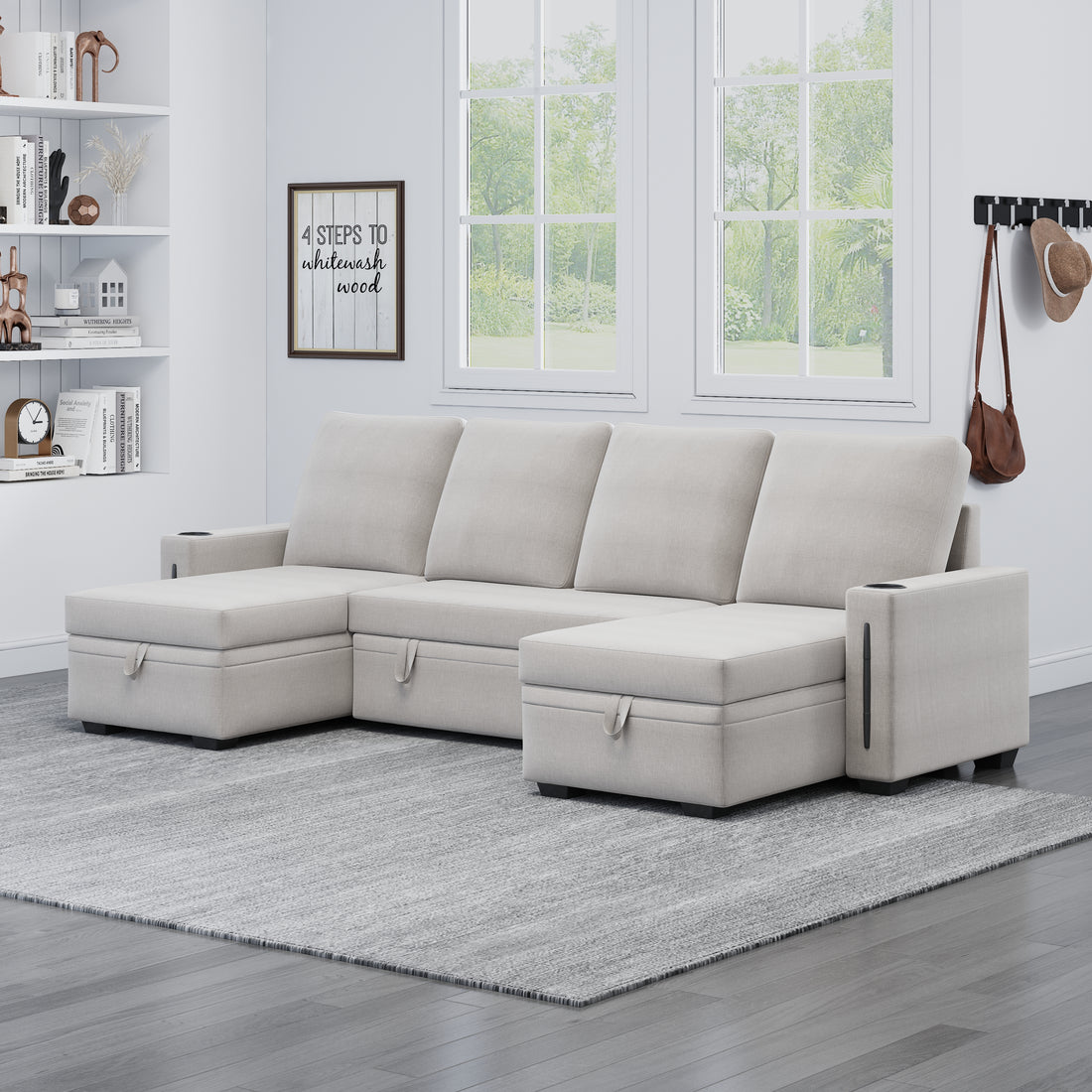 Sectional Sofa With Storage, 96" U Shaped Sectional Couches For Living Room, Comfy Convertible Sectional Sofa Beige Beige Linen Wood Primary Living Space Cushion Back Soft Modern Eucalyptus Square Arms Foam Linen 4 Seat