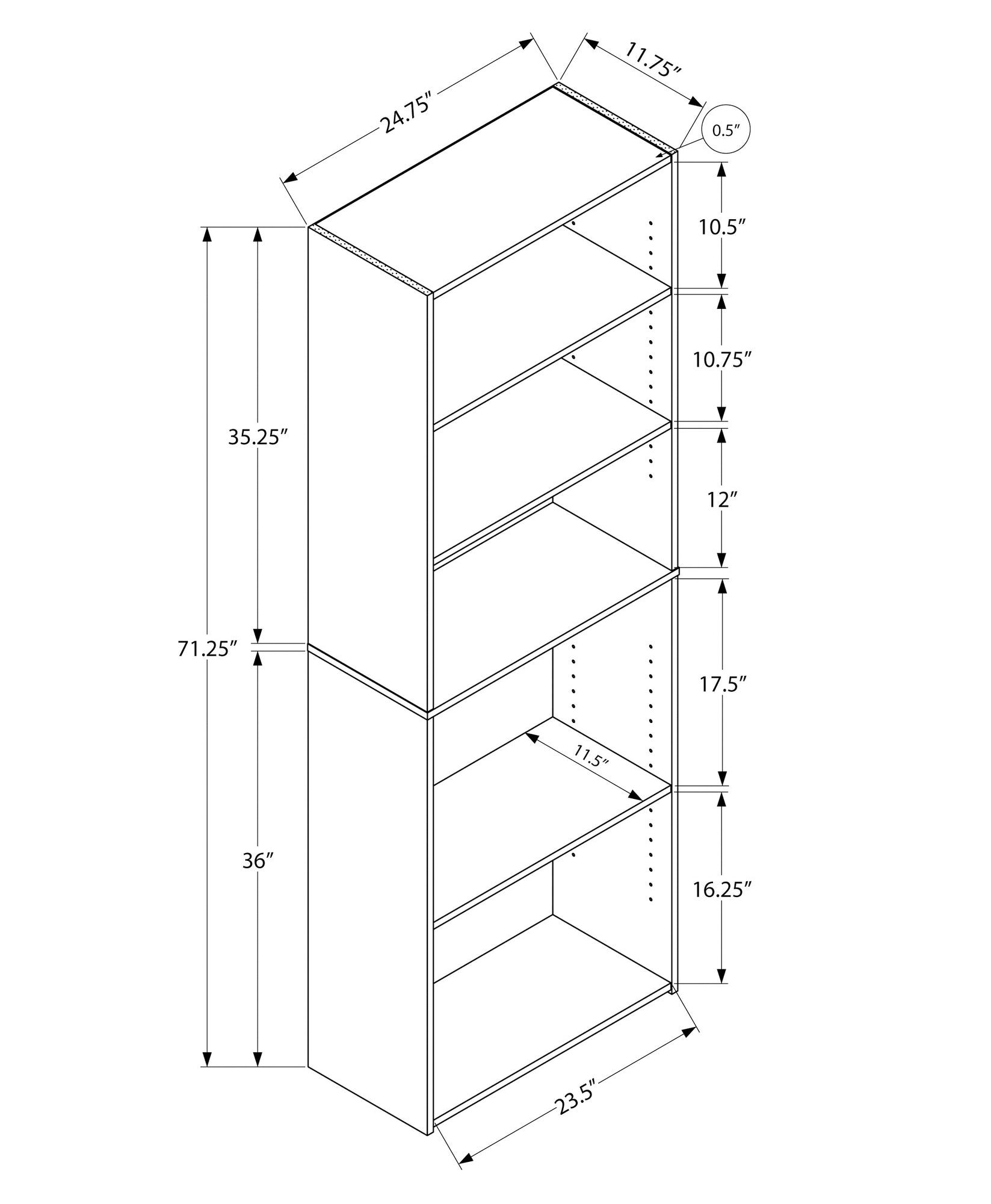 Bookshelf, Bookcase, 6 Tier, 72"H, Office, Bedroom, Brown Laminate, Transitional Espresso Particle Board