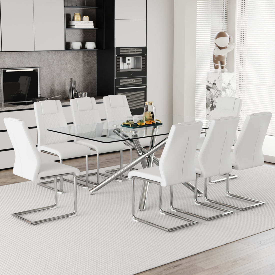 Table And Chair Set.Modern Luxurious Transparent Tempered Glass Dining Table Set With 8 Chairs.Single Fork Silver Metal Table Legs.White High Quality Pu Dining Chairs With Silver Metal Legs.