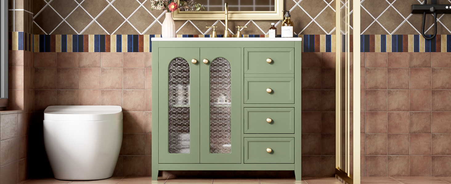 36 Inch Bathroom Vanity With Two Soft Close Doors, Adjustable Shelves And Three Soft Close Drawers Green Bathroom Solid Wood Mdf