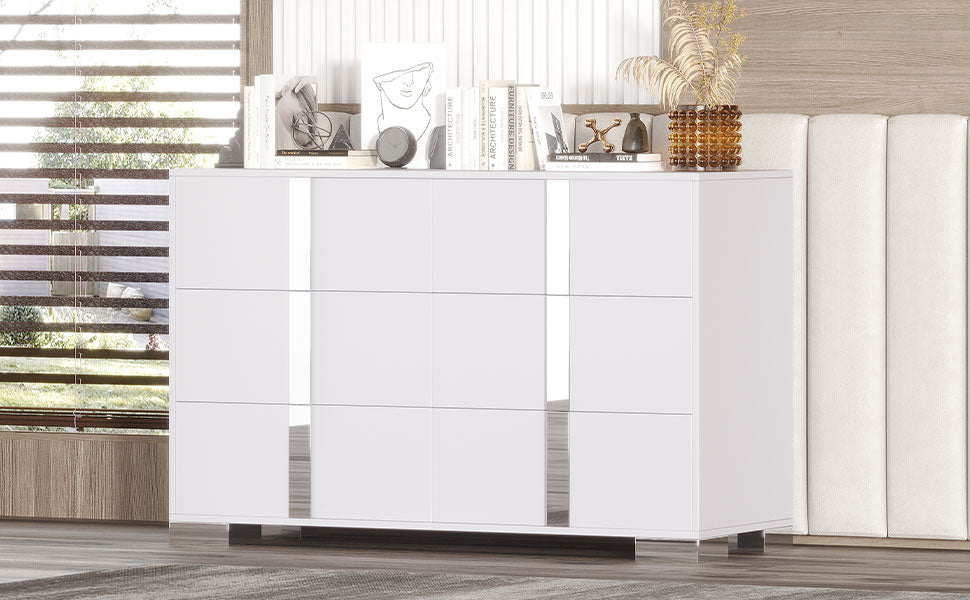 Elegant Modern Dresser With Metal Handle,Mirrored Storage Cabinet With 6 Drawers For Bedroom,Living Room,White White Mdf Metal