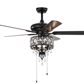 52'' Crystal Shade Ceiling Fan Lamp With Remote Control,3 Speed ,4 Timing5 Reversible Blades Crystal Ceiling Fan ,3Pcs*E12 No Include Bulb Hand Pull Chain Matte Black American Traditional,Antique,Classic,Contemporary Crystal Metal