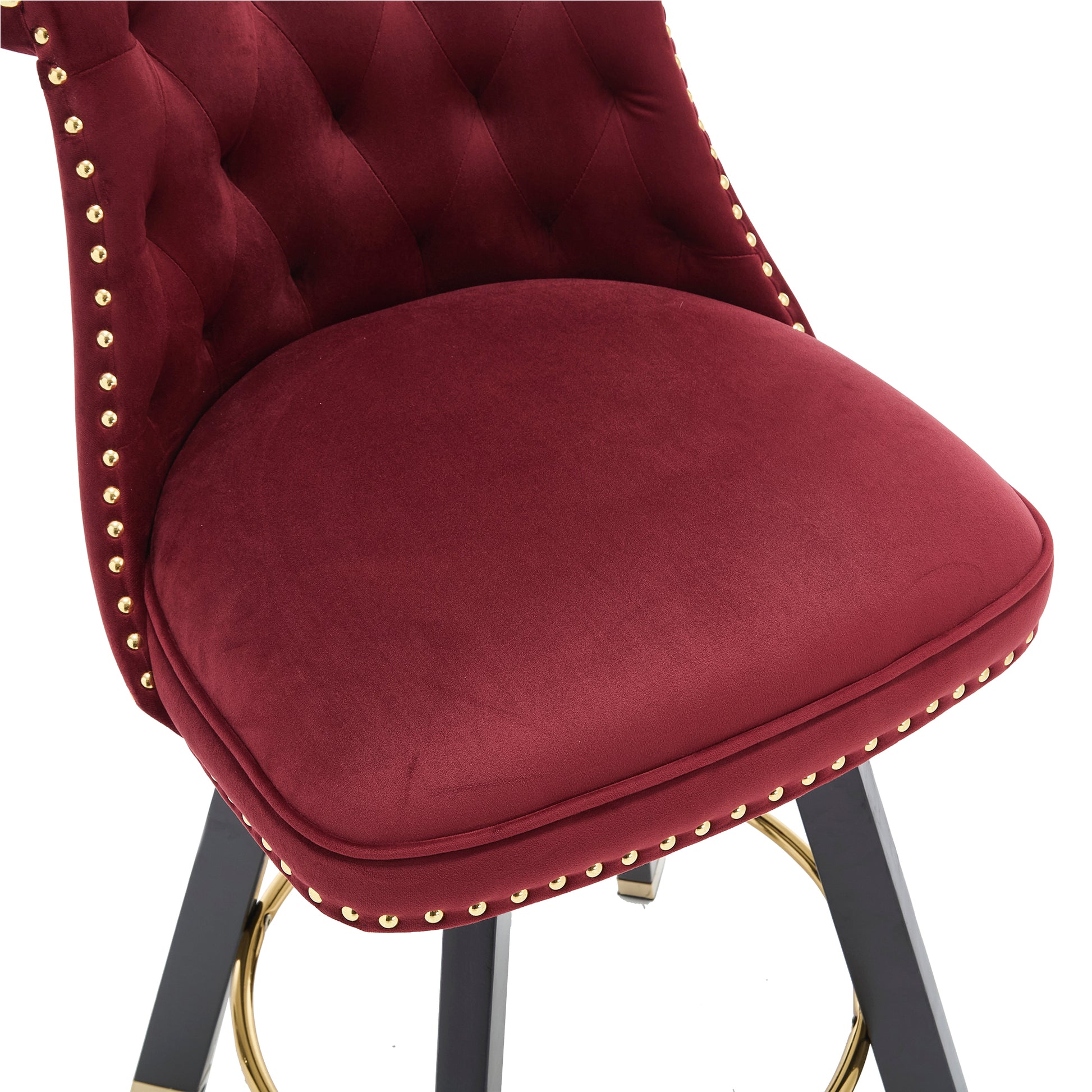 Coolmore Set Of 2,Back Pull Point Design, Velvet Material, 360 Degree Rotation, Back Pull Loop Detachable Design, Rivet Decoration, Square Foot Wooden Bar Chair Red Velvet