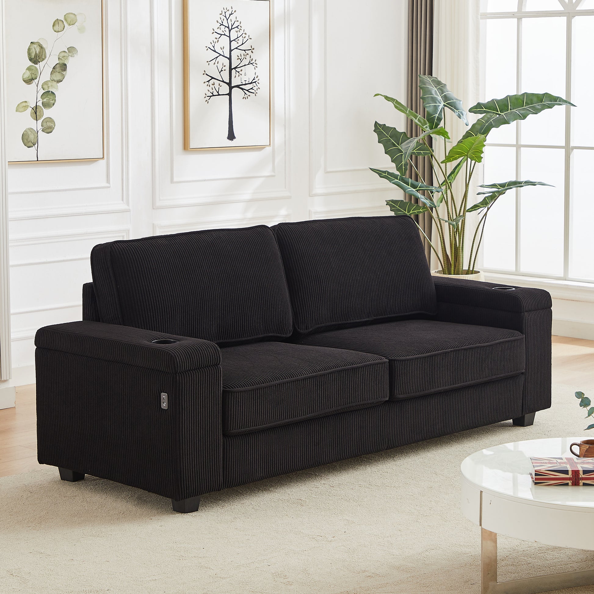 86.5 Inch Sofa Couch Deep Seat Sofa With Two Storage Spaces, T Pyce Charging Portsusb Charging Ports & 2 Cup ,Corduroy 3 Seater Couch, Modern Sofas For Living Room Black Foam Corduroy 3 Seat