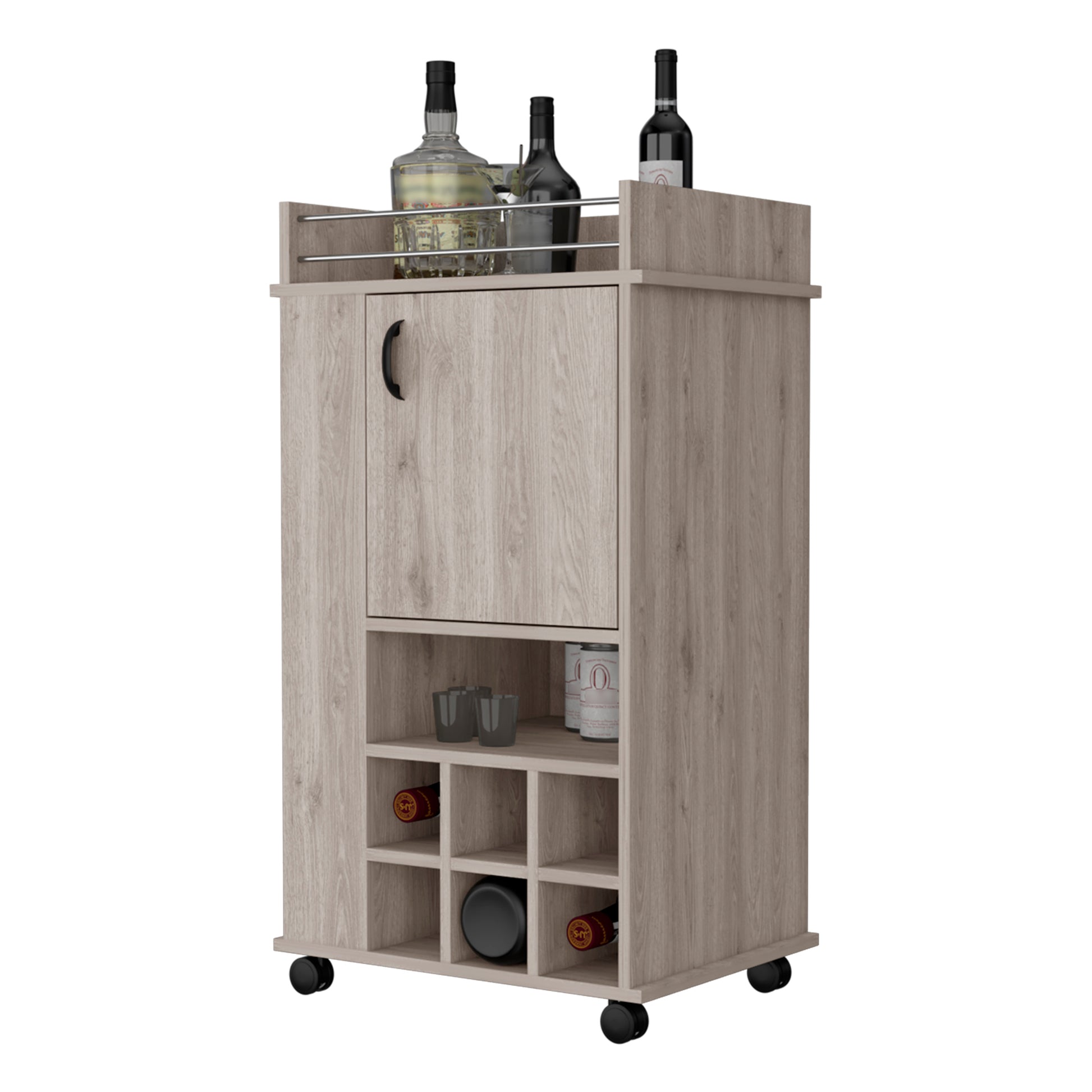 Farson Bar Cart With 2 Side Shelf, 6 Built In Wine Rack And Casters Light Gray Primary Living Space Classic,Contemporary Pine Particle Board Engineered Wood