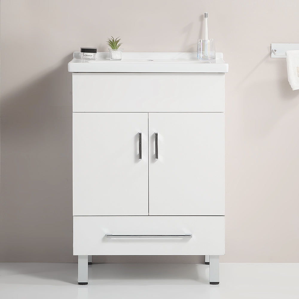 24 Inch Double Doors With Drawers White Bathroom Cabinet With Ceramic Sink White Solid Wood