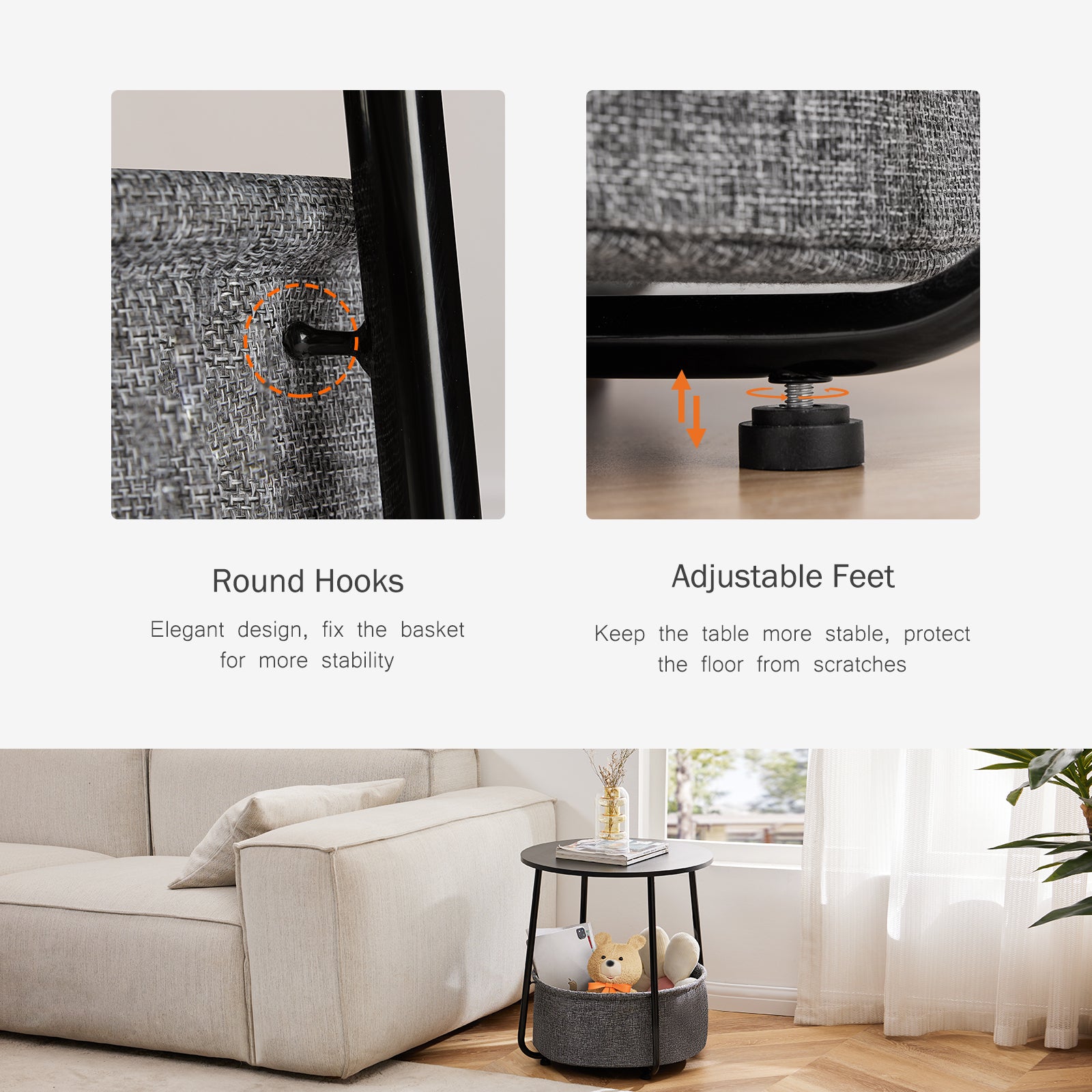 Small Round Side End Table For Living Room, Modern Nightstand Bedside Table With Fabric Basket For Bedroom Nursery, Side Table With Steel Frame Black & Grey Grey Stainless Steel