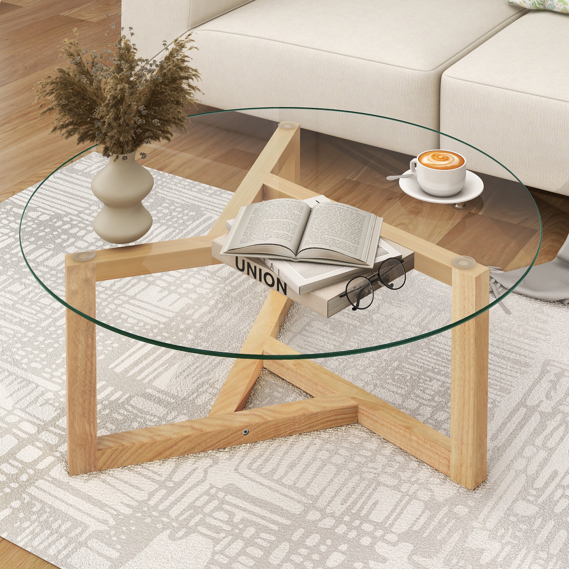 Picture Round Glass Coffee Table Modern Cocktail Table Easy Assembly With Tempered Glass Top & Sturdy Wood Base, Natural Old Sku: Wf190112Aal Natural Glass