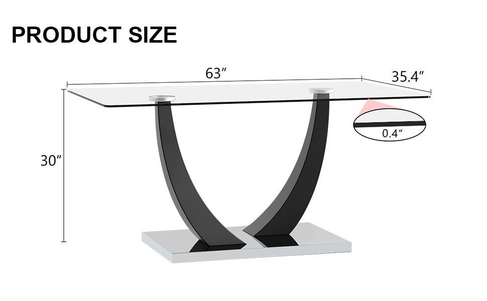 Large Modern Minimalist Rectangular Glass Dining Table, Seating 6 8 People, 0.39 "Tempered Glass Countertop And Black Metal Shaped Bracket For Kitchen, Dining Room, Living Room, Meeting Room Black Glass