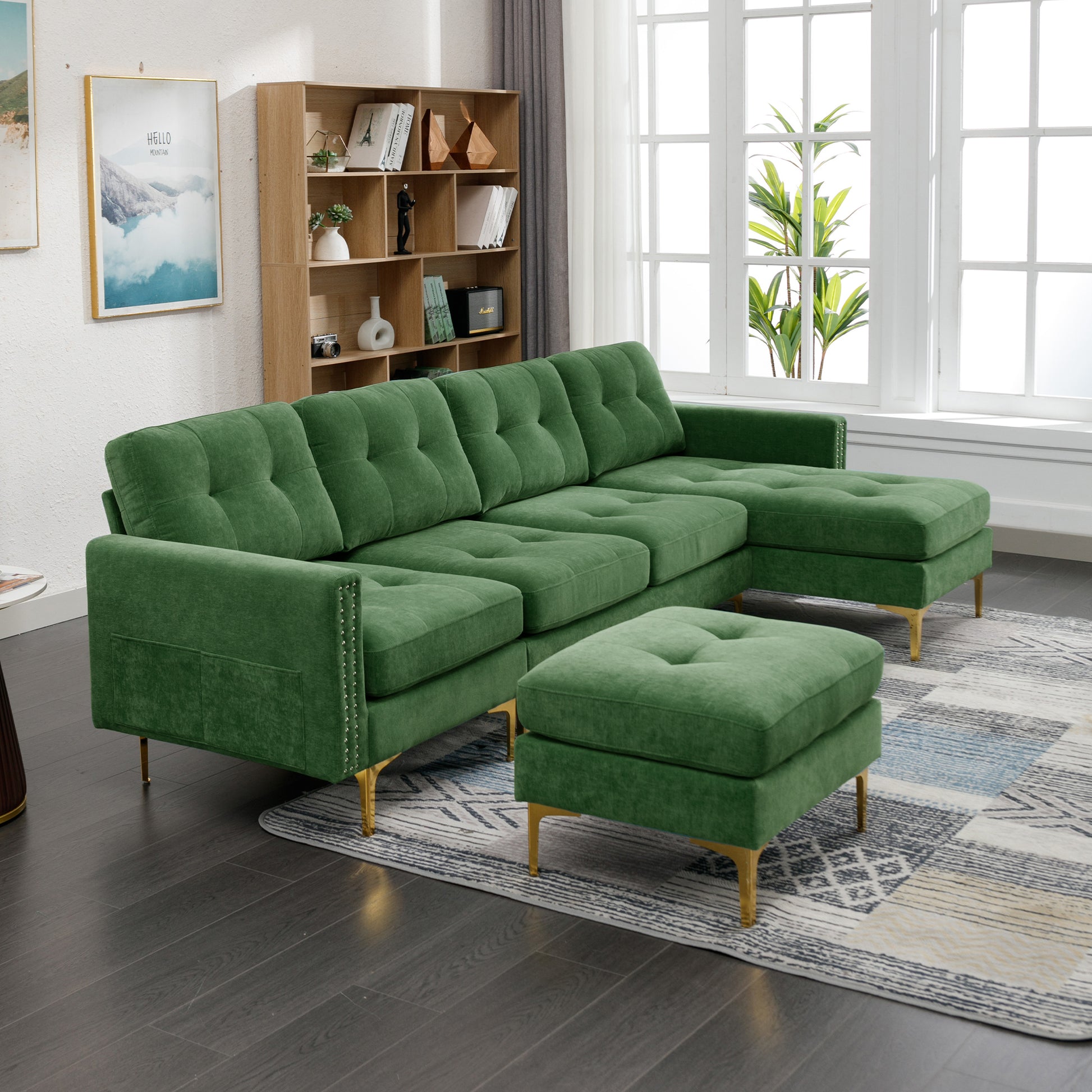 110" L Shape Convertible Sectional Sofa Couch With Movable Ottoman For Living Room, Apartment, Office, Green Green Foam Velvet 4 Seat