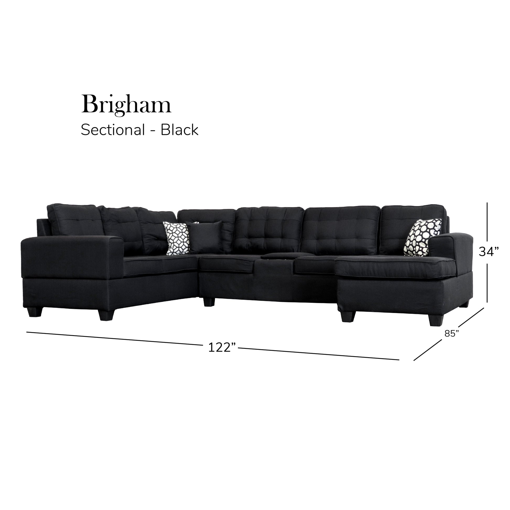 Brigham U Shaped Sectional Black Black Polyester 5 Seat