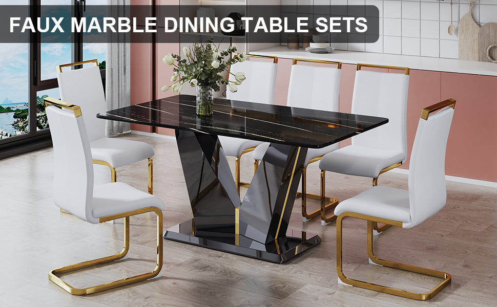 Table And Chair Set,Modern Minimalist Rectangular Dining Table, 0.4 Inch Thick, With A Black Imitation Marble Pattern Glass Desktop And Black Mdf Legs. Comfortable Pu Seats,Perfect For Dinner, Meet White Black Seats 4 Mdf Glass